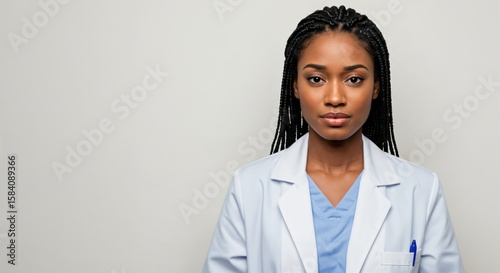 Portrait of a serious young African American female doctor in a lab coat and scrubs. Confident healthcare professional looking at the camera against a plain background.