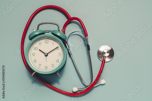 Teal vintage alarm clock with silver accents next to a red stethoscope on light blue. Represents timely health check-ups and medical appointments.