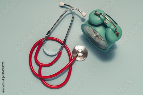 Vibrant red stethoscope and teal vintage alarm clock on light blue. Highlights the importance of regular medical check-ups and efficient health appointment management.