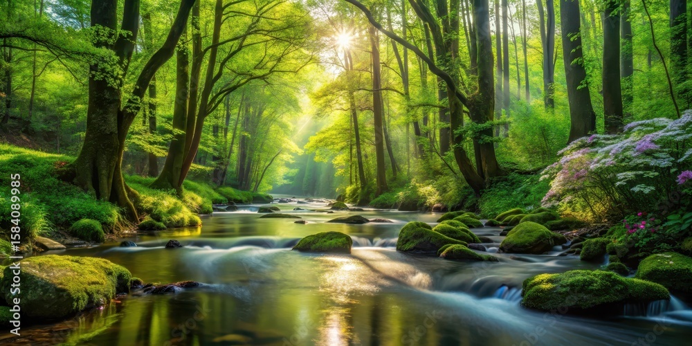 Obraz premium Serene River Flowing Through a Lush, Sun-Dappled Forest Landscape with Mossy Rocks and Blooming Flora
