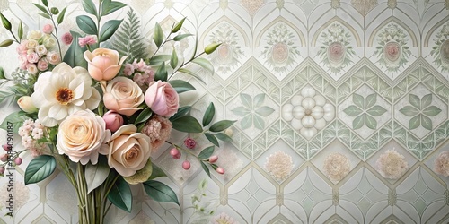 A Delicate Bouquet of Pastel Roses and Blossoms Resting Against an Intricate Floral Tile Pattern