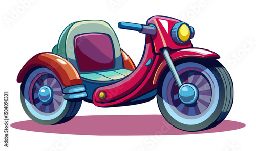 A bright red and blue cartoon tricycle or a child's three-wheeled scooter, with a small seat and large wheels, ideal for playful outdoor rides.