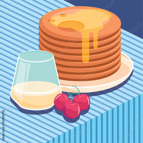 Flat Illustration Pancakes and Cherry with Milk glass
