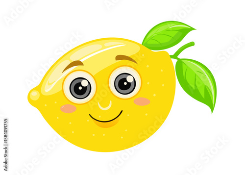 A cheerful lemon with big eyes and a happy smile, bright yellow and juicy, with a single green leaf.
