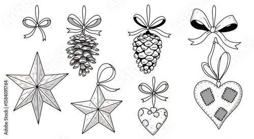 Hand-Drawn Christmas Ornaments: Pine Cones, Stars, Bows, and Patchwork Hearts