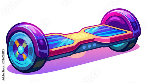 A futuristic and colorful cartoon hoverboard in purple, blue, and orange, featuring glowing accents and a sleek design, ready for modern urban transport.