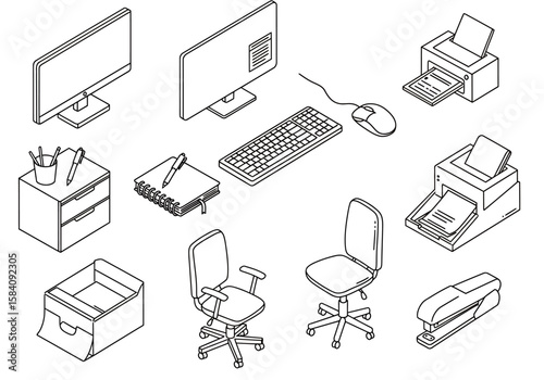 Isometric Office Equipment Illustration: Desks, Chairs, Computers, Printers, and Supplies