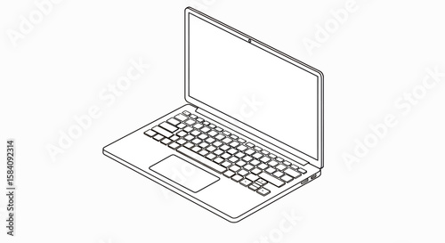 Isometric Outline of Open Laptop with Blank Screen and Keyboard