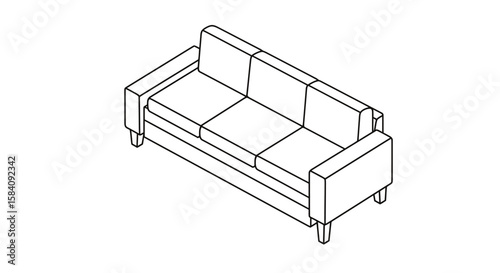 Isometric Three-Seater Sofa Outline with Cushions and Armrests, Minimalist Style