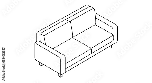 Isometric Two-Seat Sofa Outline Illustration with Cushions and Armrests