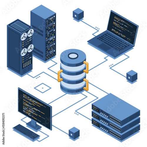 Isometric modern cloud database and networking concept. Computer service technology. Supercomputer. Isometric technology