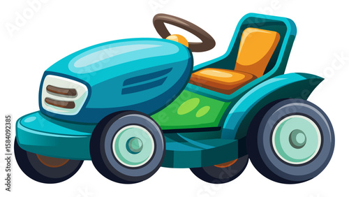A colorful cartoon illustration of a teal ride-on lawnmower with an orange seat, ready for yard work.
