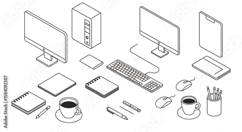 Isometric Workspace Illustration with Computer, Keyboard, and Office Supplies