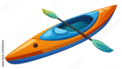 
A vivid cartoon illustration of an orange and blue kayak with a paddle, perfect for water sports and outdoor adventures.