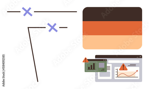Cross marks on lines, overlapping data charts, warning icons with alerts. Ideal for error analysis, troubleshooting, warnings, technical issues, system monitoring, data review simple flat metaphor