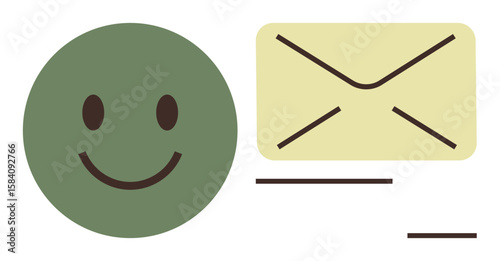 Green happy face alongside a yellow envelope, symbolizing friendly interactions, communication, or messaging. Ideal for email, feedback, notifications, customer support, connection positivity