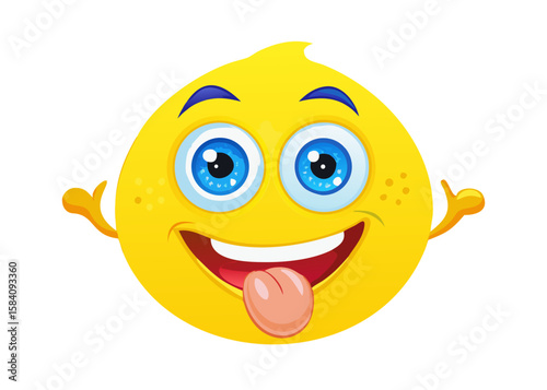 a lively vector illustration of an anthropomorphic lemon character. The lemon should have large, expressive blue eyes and a wide smile with a visible tongue.