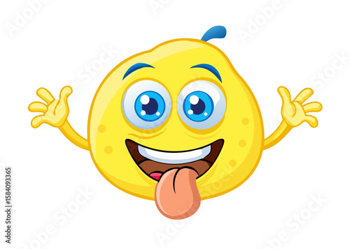a lively vector illustration of an anthropomorphic lemon character. The lemon should have large, expressive blue eyes and a wide smile with a visible tongue.