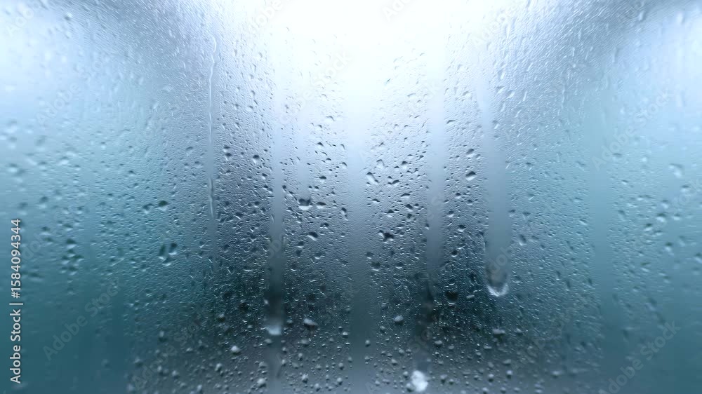 Water droplet condensation on glass window creates blurred blue moisture effect with soft light evoking calm rainy atmosphere and soothing cool tones