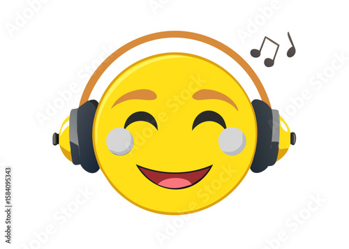 Smiling yellow emoji with headphones enjoying music
