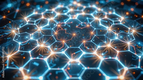 Stunning geometric pattern used in infographics showcases interconnected hexagons and glowing nodes, creating captivating visual effect