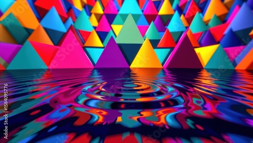 Colorful geometric shapes create vibrant backdrop used in infographics, reflecting in water surface with mesmerizing ripples