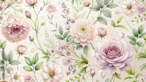 Elegant Watercolor Floral Pattern Featuring Delicate Roses, Daisies, and Lush Greenery on a Soft Beige Background