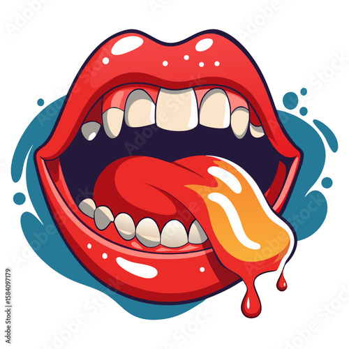 A vibrant, cartoonish open mouth with plump red lips, sharp fangs, and a dripping, expressive tongue, set against a stylized blue splash.