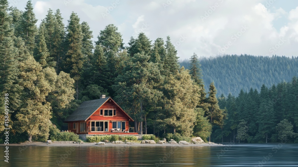 Fototapeta premium Red house on the lake shore surrounded by trees