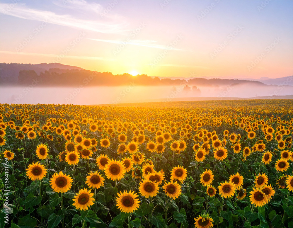 Fototapeta premium Dreamy Sunflower Field Glowing in the Golden Hour Light