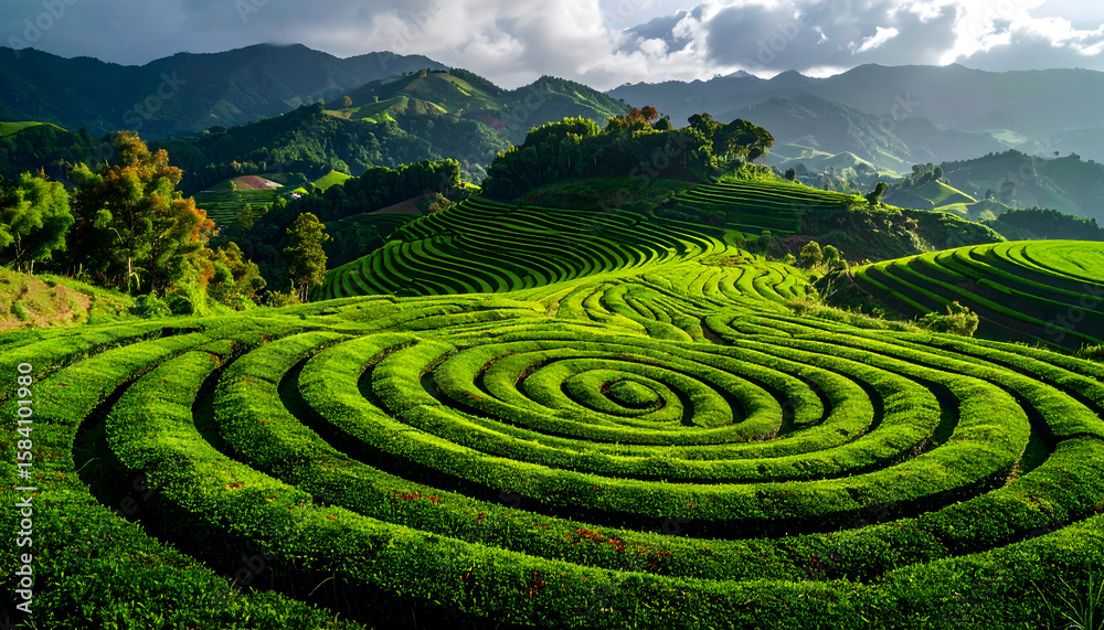 Aerial View of Lush Green Tea Plantation Terraces on Rolling Hills Aerial View of Lush Green Tea Plantation Terraces on Rolling Hills