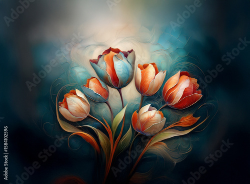 A vibrant bouquet of tulips, rendered in rich orange and blue hues, against a moody, swirling dark teal background.  The painting style is smooth, almost sculptural.