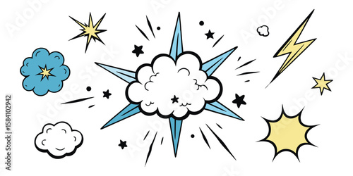 Comic book explosion and starburst elements lightning bolt