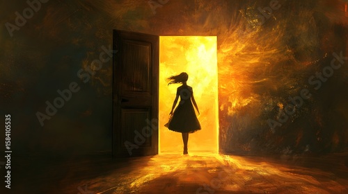 Silhouette of a Person Stepping Through an Open Doorway Into a Blazing Golden Light