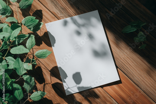 木製テーブルの上に置かれた白紙のチラシフライヤーのモックアップと緑の葉を描いたAI生成画像