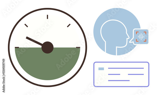 Meter displaying sound level, profile head with voice wave icon, digital text card. Ideal for sound measurement, speech analysis, audio quality, data visualization, AI tools, technology simple flat