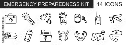 An "Emergency Preparedness Kit" icon set features 14 outline icons including a first aid kit, flashlight, whistle, water, food, radio, and maps.