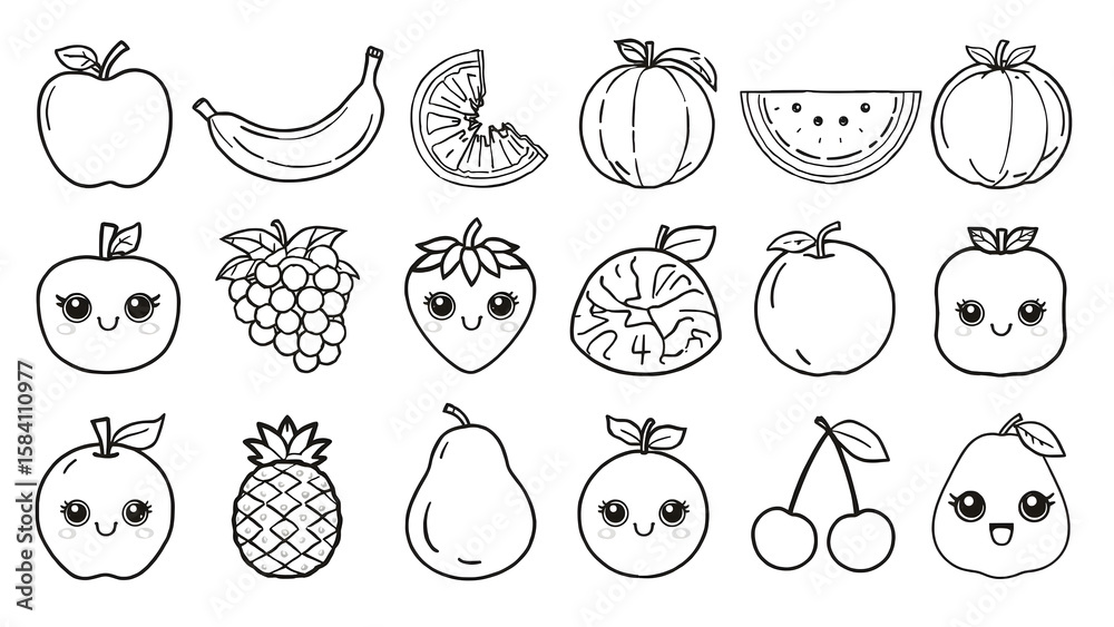 Fototapeta premium Cute cartoon line drawings of various fruits, including apples, bananas, oranges, and more, ready for coloring.