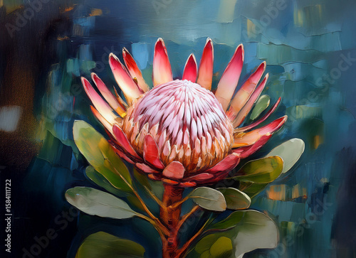 A vibrant pink and red protea flower blossoms against a dark, painterly background.  The detailed petals and leaves are illuminated, creating a striking contrast.