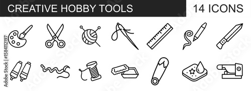 A set of 14 icons showcasing tools for creative hobbies, crafts, and DIY—scissors, glue, paintbrush, yarn, needle, ruler, and more. Perfect for makers, crafters, and hobbyists