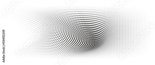 Flowing Wave Dot Halftone Pattern: Curve Gradient Shape on Transparent Background. Suitable for AI, Tech, Network, Digital, Science, and Technology Themes.