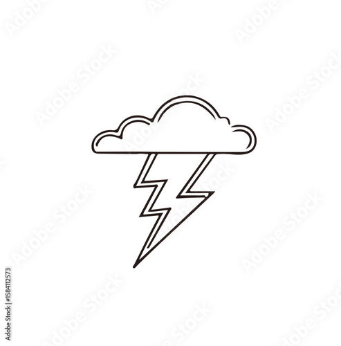 Lightning storm vector symbol. A sketchy cloud with a thunderbolt. Hand-drawn illustration representing danger, power, and severe weather. Isolated line art icon.