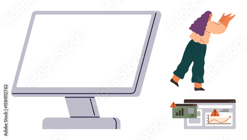 Woman inspecting computer monitor with error message and charts, addressing problem-solving, analytics, and evaluation. Ideal for teamwork, troubleshooting, productivity, technology, planning