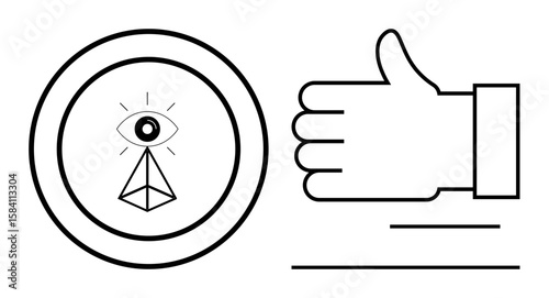Geometric eye in a circle emits light, adjacent to a thumbs-up hand gesture. Ideal for creativity, insight, feedback, approval, vision, leadership, simple landing page