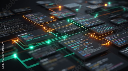 Fototapeta Naklejka Na Ścianę i Meble -  AI Code Flow with Connected Syntax Blocks and Glowing Nodes
