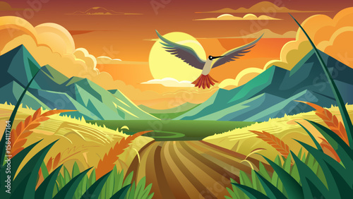 Stylized bird flies over a colorful landscape at sunset with mountains and fields