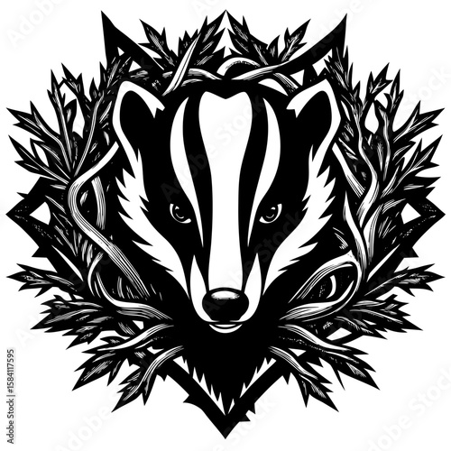 Striking badger design encircled by detailed botanical elements, a versatile graphic for creative projects and distinctive branding concepts.