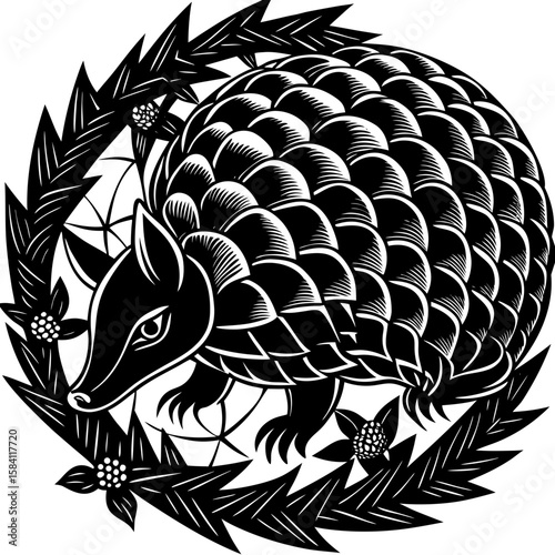 Detailed pangolin graphic with floral wreath, perfect for Asian-inspired designs and animal-themed creative projects.