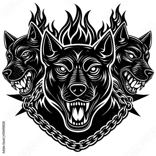 Fierce three headed dog in black and white design creates a bold tattoo art concept or striking logo element with flames around.