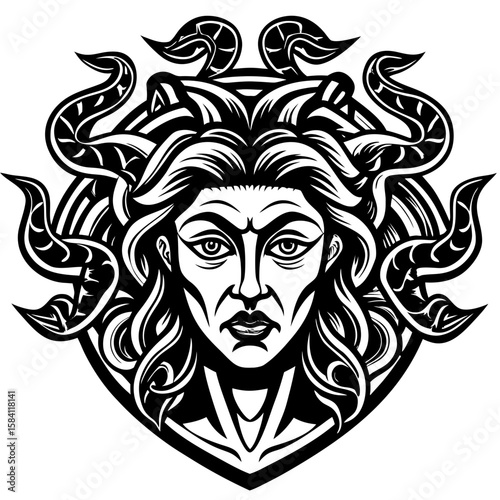 Striking design featuring Medusa's head with snakes, a mythological figure ideal for t-shirts, tattoo designs, and fantasy themed branding.